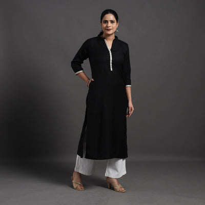 Black - Mahnoor Plain Handwoven Merino Woolen Kurta