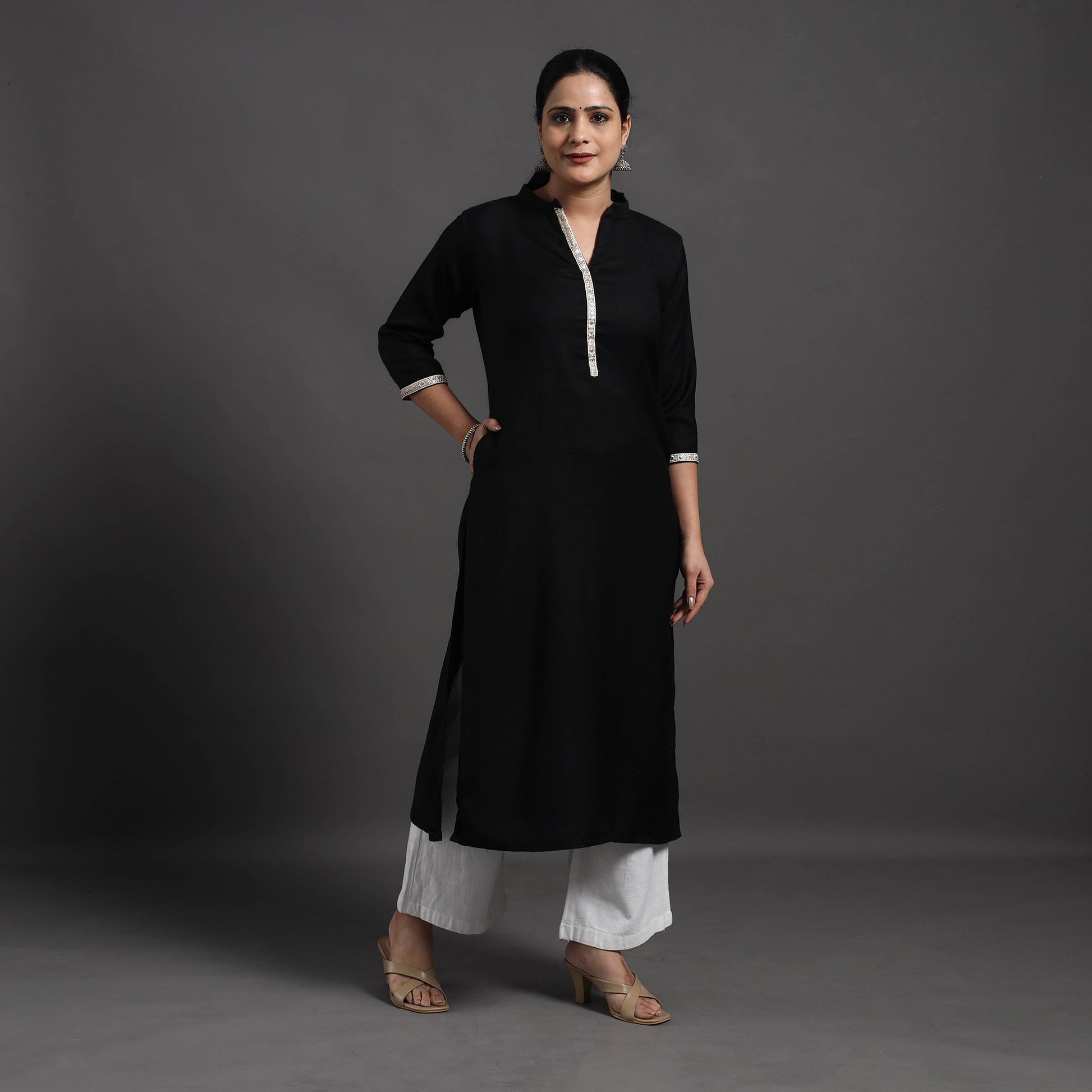 Black - Mahnoor Plain Handwoven Merino Woolen Kurta