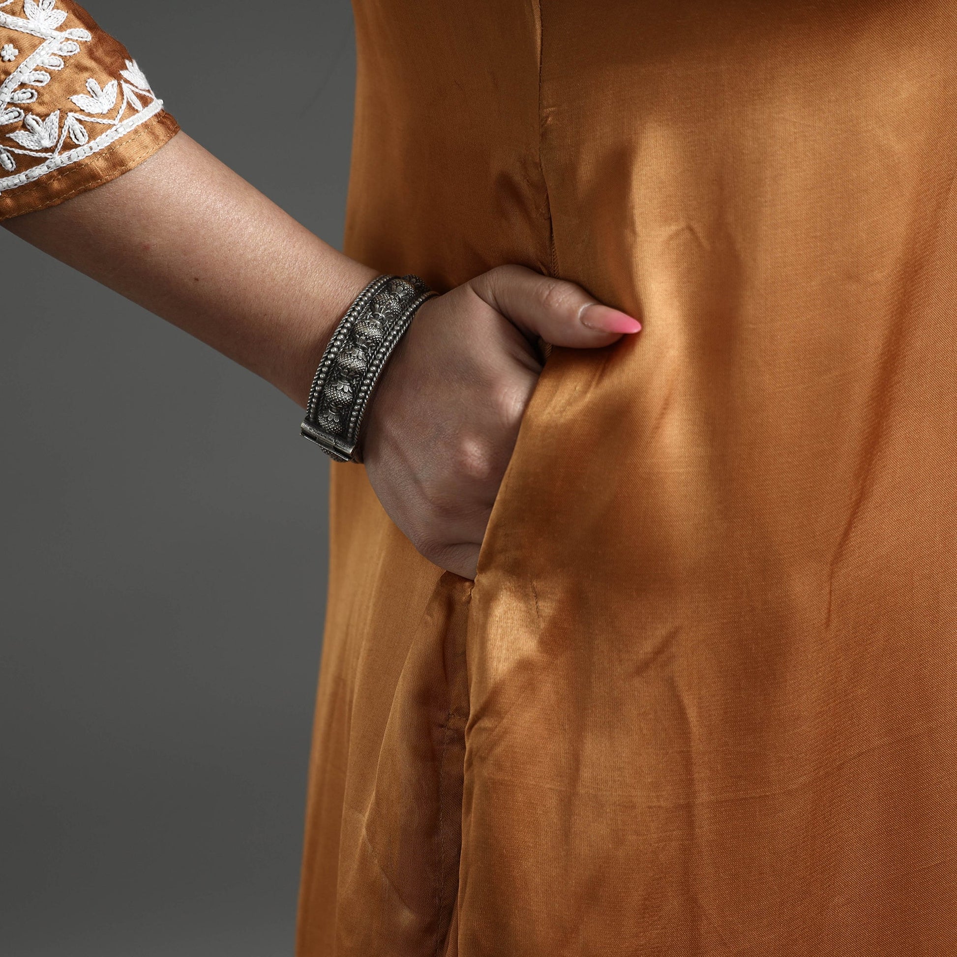 Brown Modal Silk Hand Embroidered Long Straight Kurta