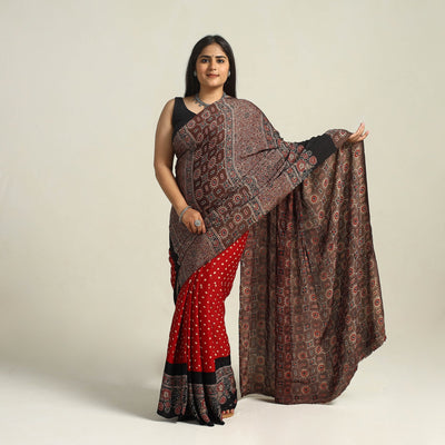 Brown - Kutch Bandhani Tie-Dye Modal Silk Ajrakh Block Printing Saree