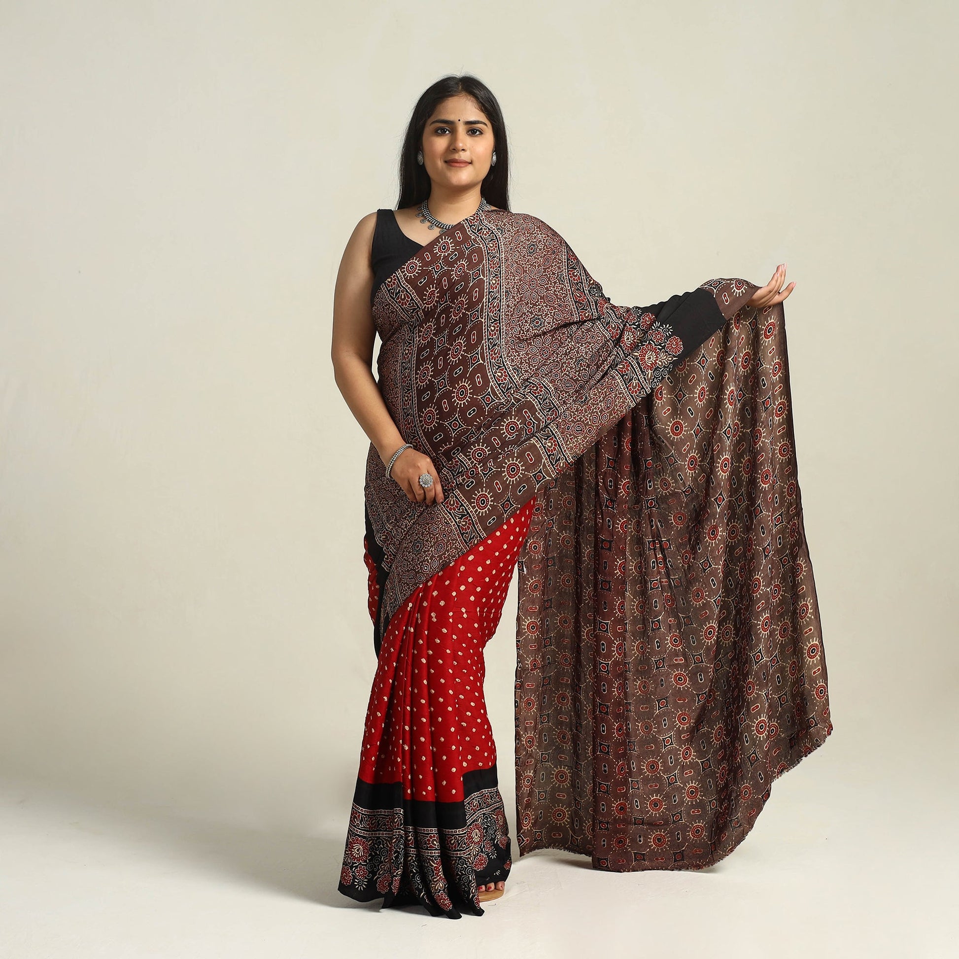 Brown - Kutch Bandhani Tie-Dye Modal Silk Ajrakh Block Printing Saree