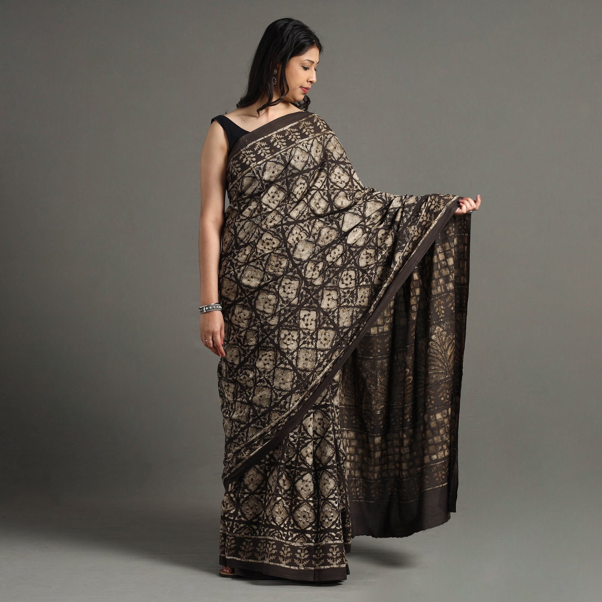 Brown - Pipad Hand Block Printed Cotton Saree