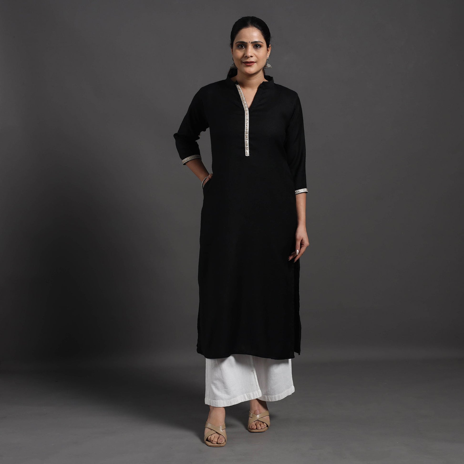 Black - Mahnoor Plain Handwoven Merino Woolen Kurta