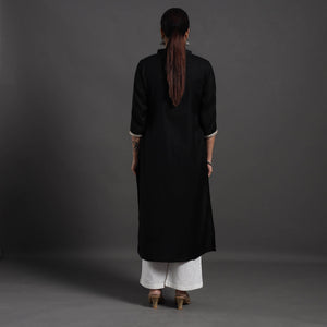 Black - Mahnoor Plain Handwoven Merino Woolen Kurta