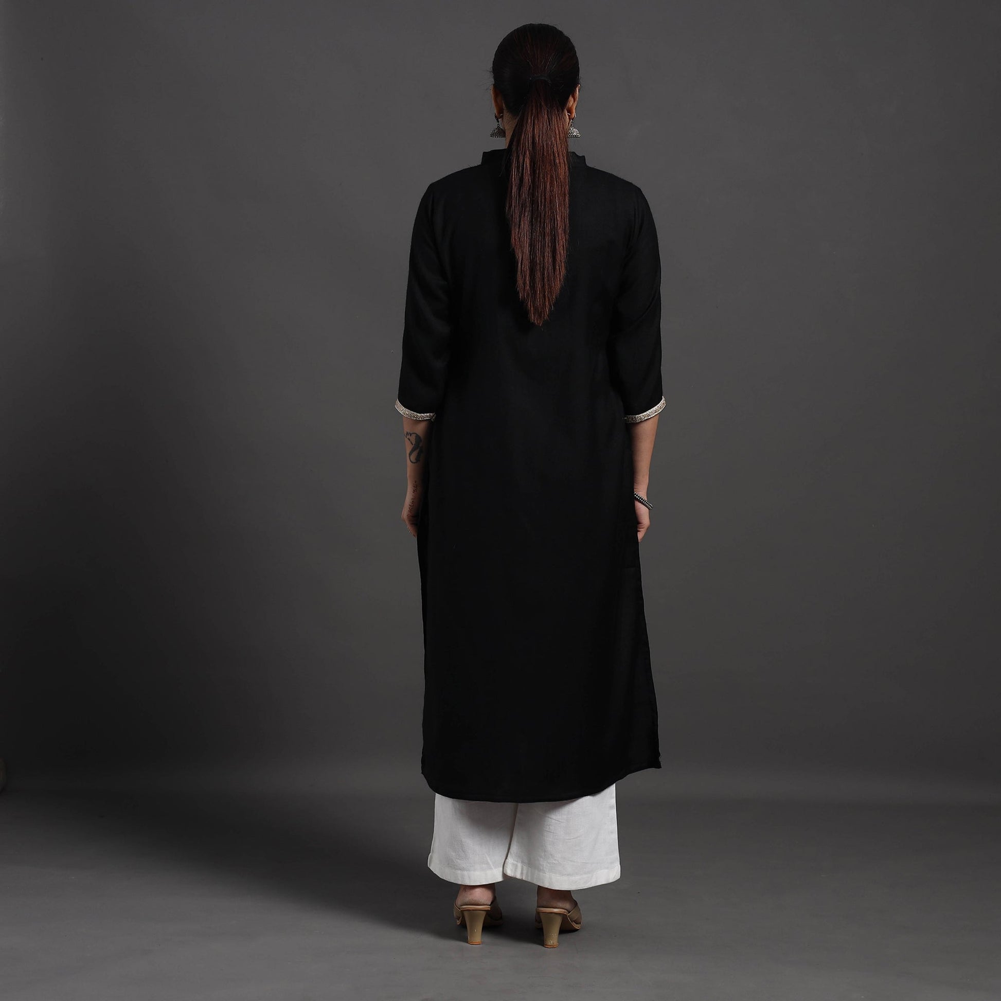 Black - Mahnoor Plain Handwoven Merino Woolen Kurta