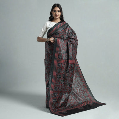 Black - Bengal Kantha Hand Embroidery Pure Tussar Silk Handloom Saree