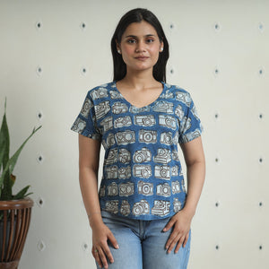 Blue - Bindaas Block Art Printed Cotton Women V Neck T-shirt 01