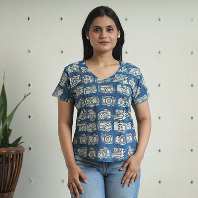 Blue - Bindaas Block Art Printed Cotton Women V Neck T-shirt 01