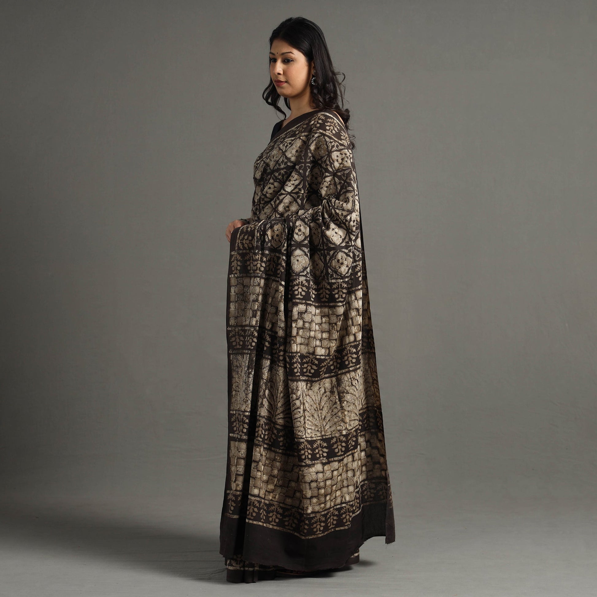 Brown - Pipad Hand Block Printed Cotton Saree