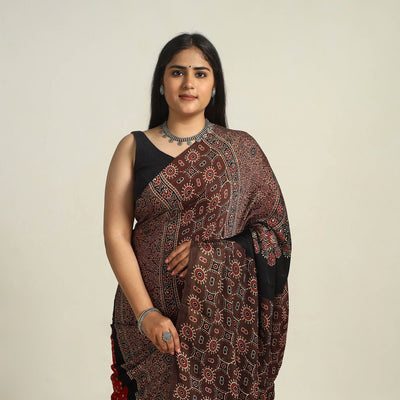 Brown - Kutch Bandhani Tie-Dye Modal Silk Ajrakh Block Printing Saree