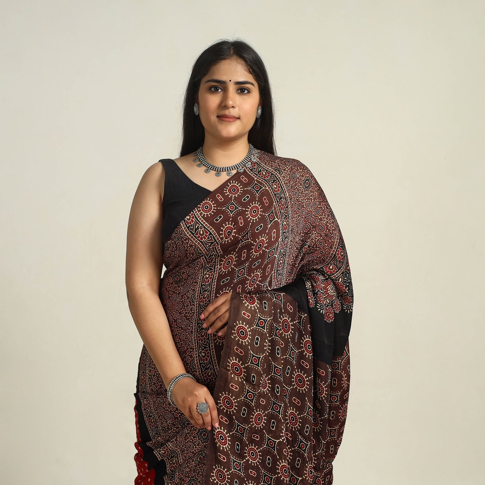 Brown - Kutch Bandhani Tie-Dye Modal Silk Ajrakh Block Printing Saree