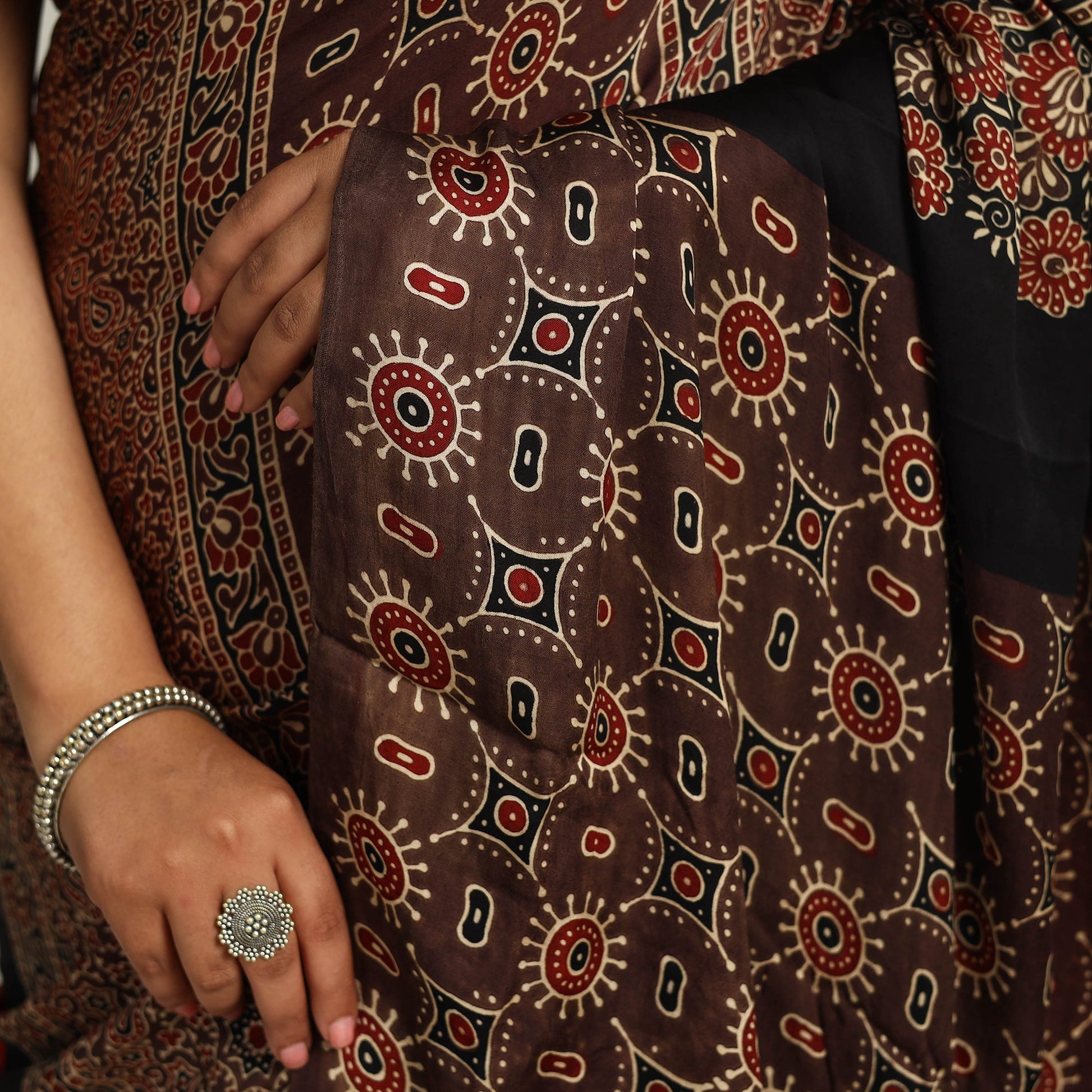 Brown - Kutch Bandhani Tie-Dye Modal Silk Ajrakh Block Printing Saree