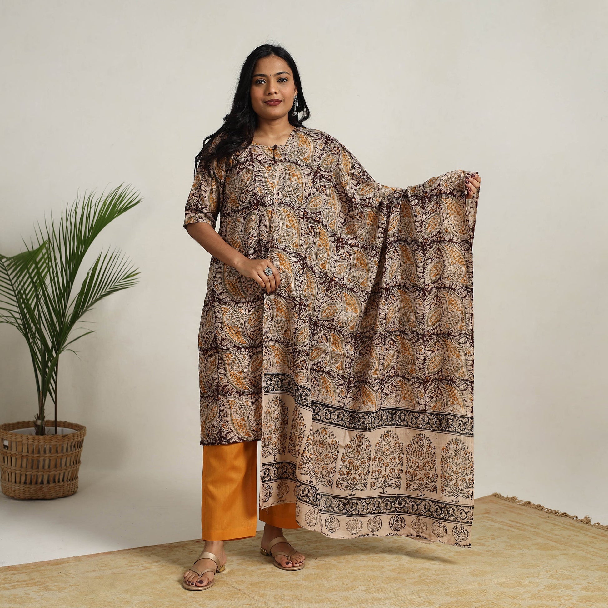 Brown - Block Printed Cotton Kalamkari Kurta Set 11
