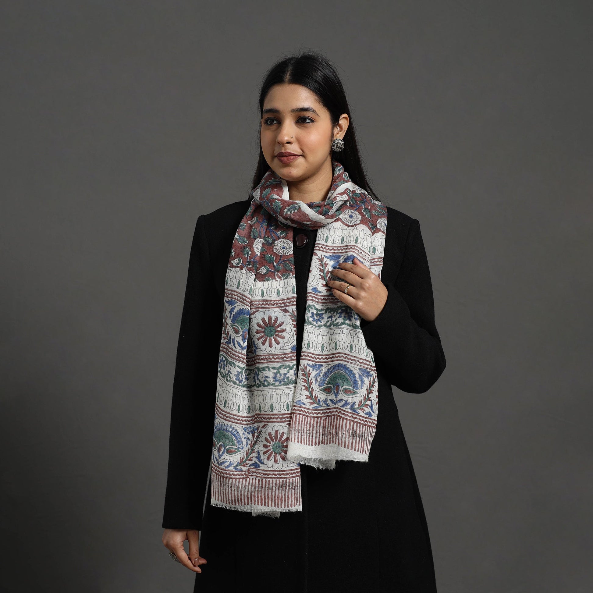Brown - Pure Wool Block Print Sanganeri Stole 16