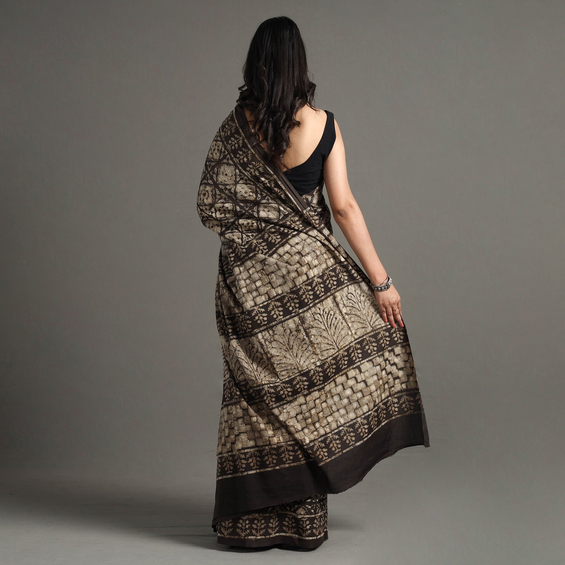 Brown - Pipad Hand Block Printed Cotton Saree