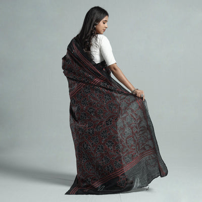 Black - Bengal Kantha Hand Embroidery Pure Tussar Silk Handloom Saree