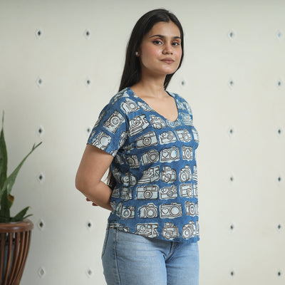 Blue - Bindaas Block Art Printed Cotton Women V Neck T-shirt 01