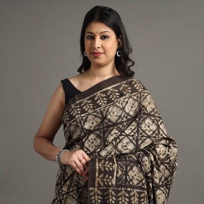 Brown - Pipad Hand Block Printed Cotton Saree