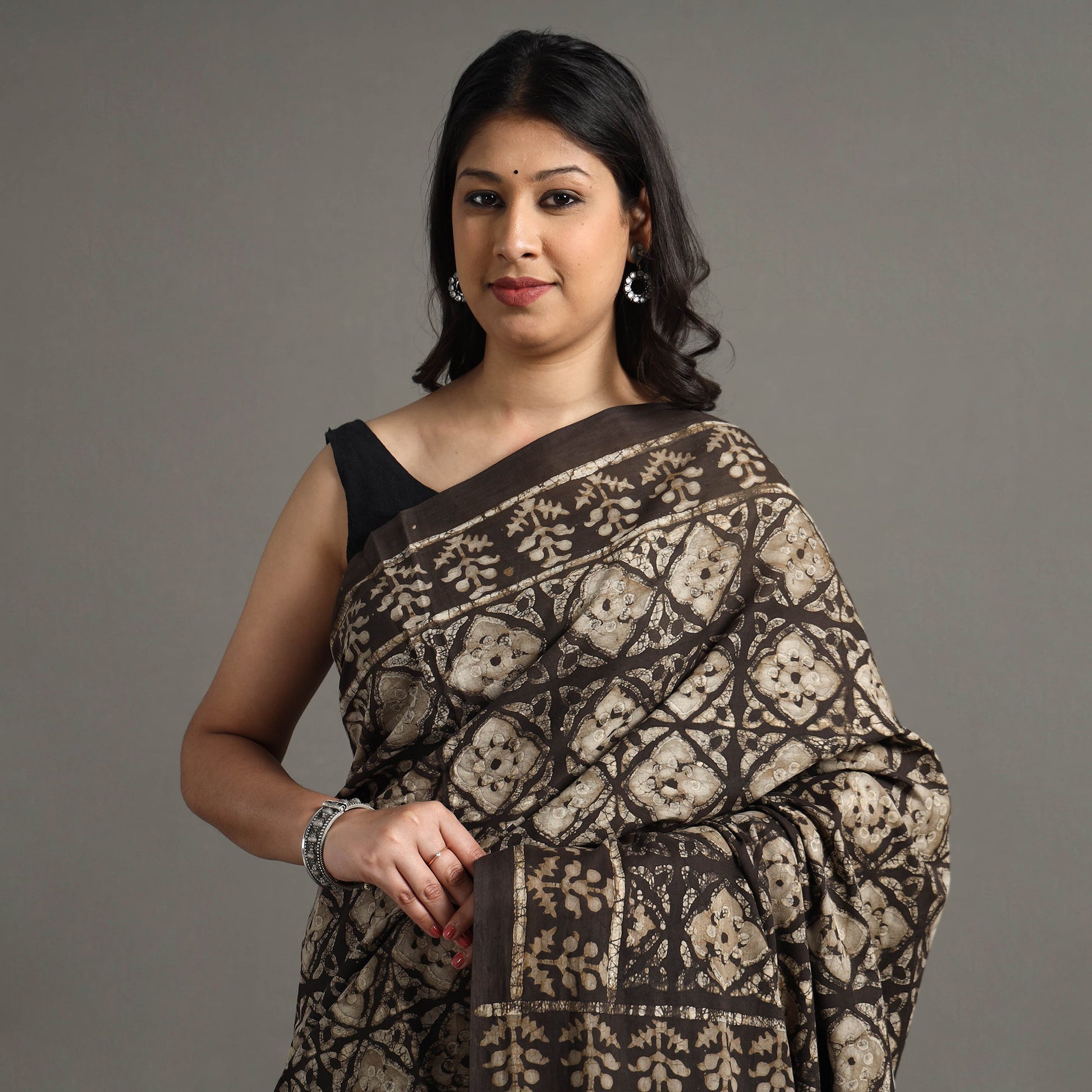 Brown - Pipad Hand Block Printed Cotton Saree