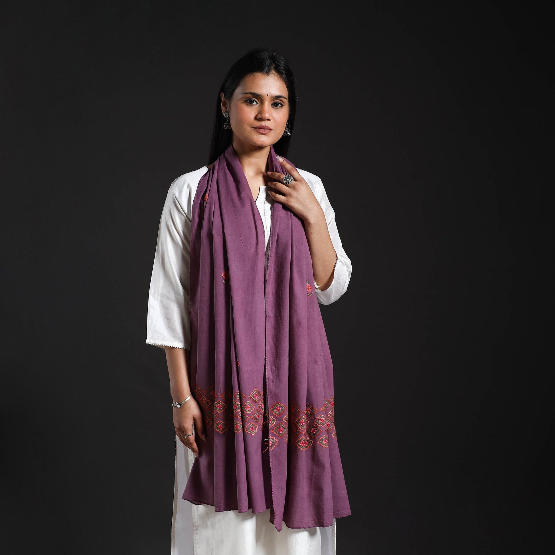Brown - Purple - Cotton Kashida Embroidery Stole 15