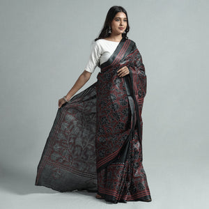 Black - Bengal Kantha Hand Embroidery Pure Tussar Silk Handloom Saree