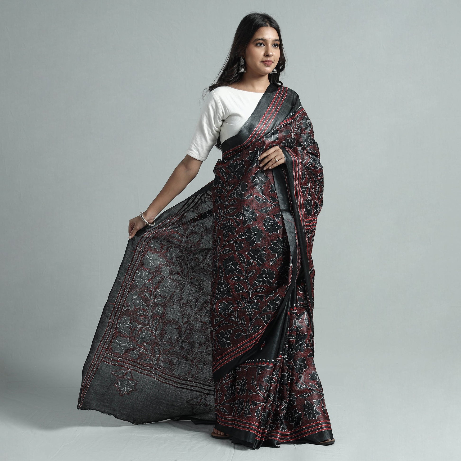 Black - Bengal Kantha Hand Embroidery Pure Tussar Silk Handloom Saree