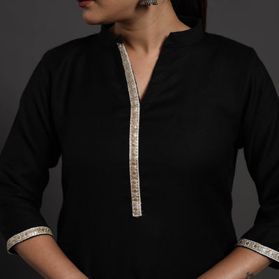 Black - Mahnoor Plain Handwoven Merino Woolen Kurta