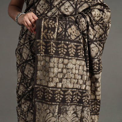 Brown - Pipad Hand Block Printed Cotton Saree