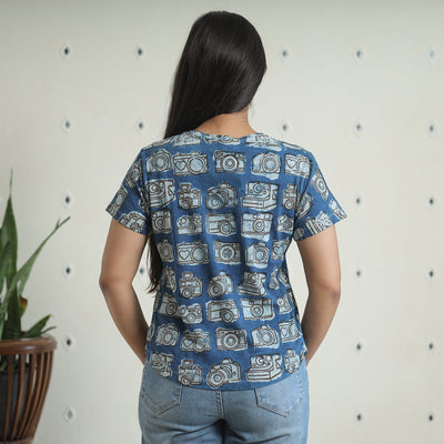 Blue - Bindaas Block Art Printed Cotton Women V Neck T-shirt 01
