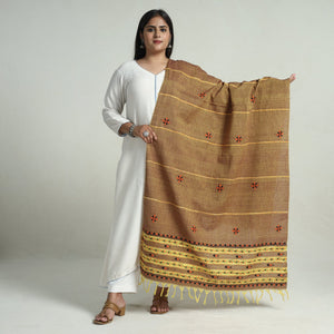 Brown - Bengal Kantha Embroidery Khes Handwoven Cotton Dupatta with Tassels 139