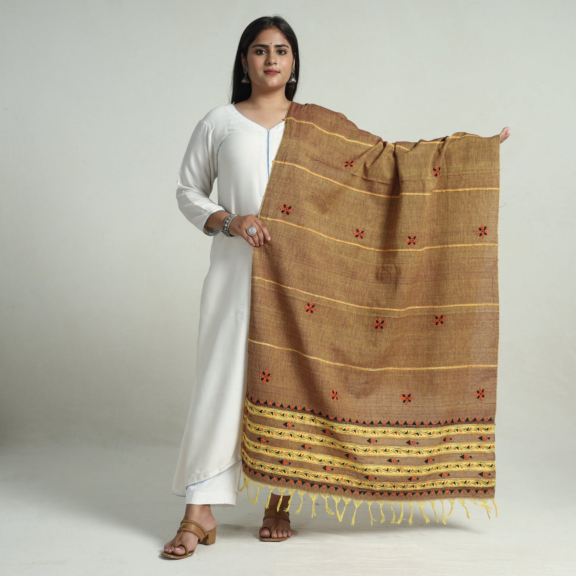 Brown - Bengal Kantha Embroidery Khes Handwoven Cotton Dupatta with Tassels 139