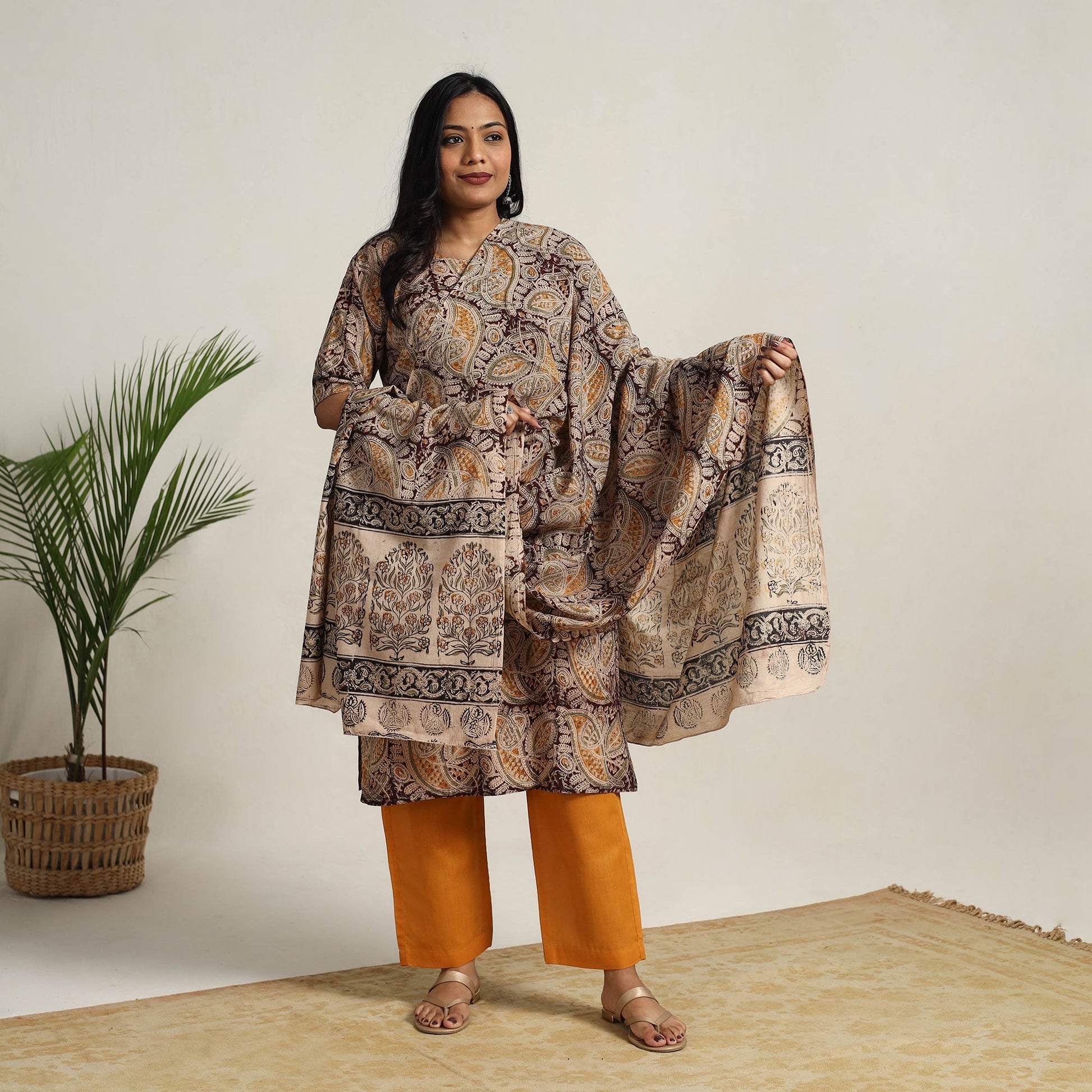 Brown - Block Printed Cotton Kalamkari Kurta Set 11