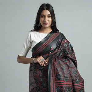 Black - Bengal Kantha Hand Embroidery Pure Tussar Silk Handloom Saree