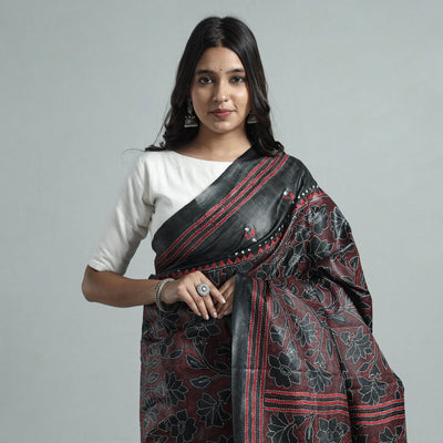 Black - Bengal Kantha Hand Embroidery Pure Tussar Silk Handloom Saree