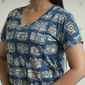 Blue - Bindaas Block Art Printed Cotton Women V Neck T-shirt 01