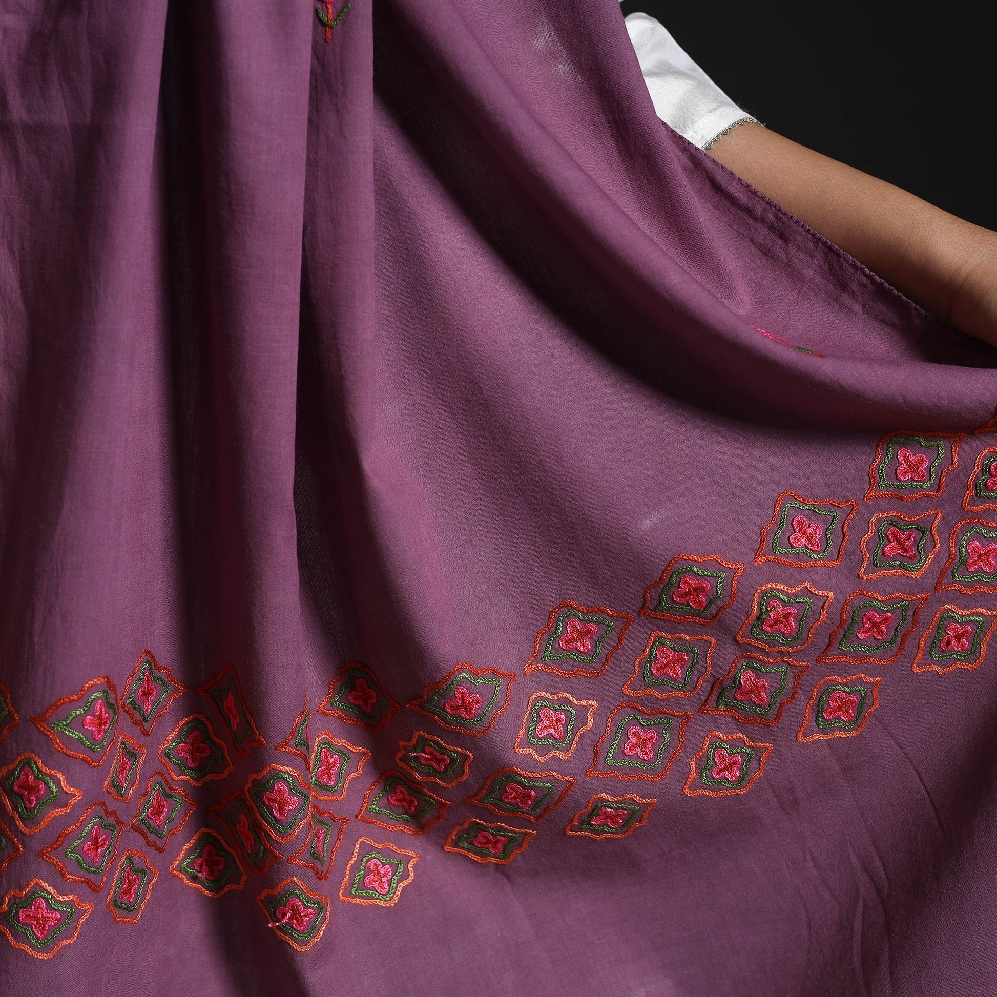 Brown - Purple - Cotton Kashida Embroidery Stole 15
