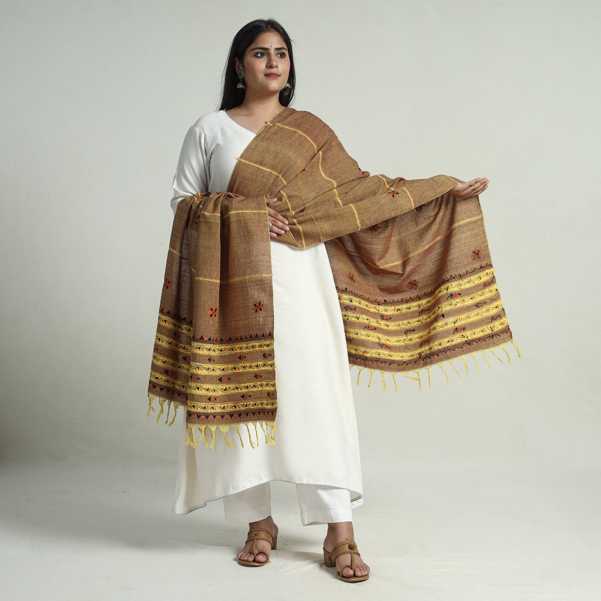 Brown - Bengal Kantha Embroidery Khes Handwoven Cotton Dupatta with Tassels 139