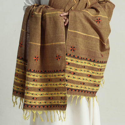 Brown - Bengal Kantha Embroidery Khes Handwoven Cotton Dupatta with Tassels 139