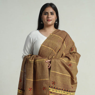 Brown - Bengal Kantha Embroidery Khes Handwoven Cotton Dupatta with Tassels 139
