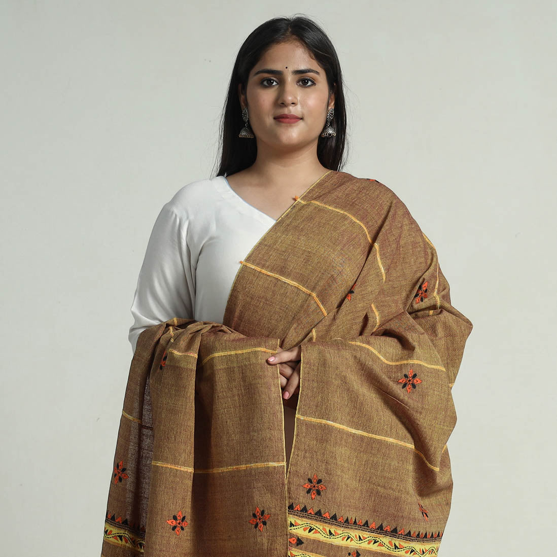 Brown - Bengal Kantha Embroidery Khes Handwoven Cotton Dupatta with Tassels 139