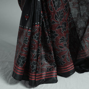 Black - Bengal Kantha Hand Embroidery Pure Tussar Silk Handloom Saree