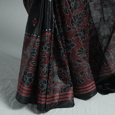 Black - Bengal Kantha Hand Embroidery Pure Tussar Silk Handloom Saree