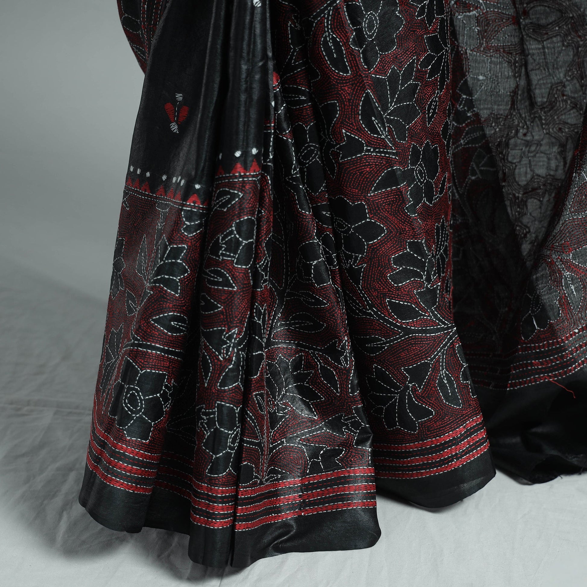 Black - Bengal Kantha Hand Embroidery Pure Tussar Silk Handloom Saree