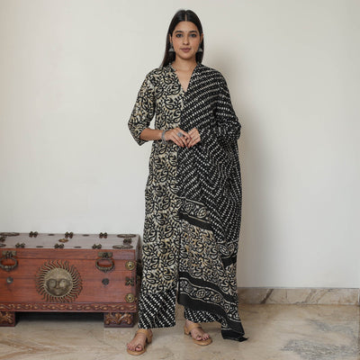 Black - Hand Batik Printed Cotton Kurta with Palazzo & Dupatta Set 14