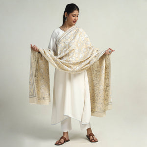 Beige - Bengal Kantha Hand Embroidery Art Silk Handloom Dupatta 10
