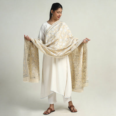 Beige - Bengal Kantha Hand Embroidery Art Silk Handloom Dupatta 10
