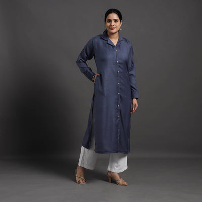 Blue - Azreen Plain Merino Woolen Kurta