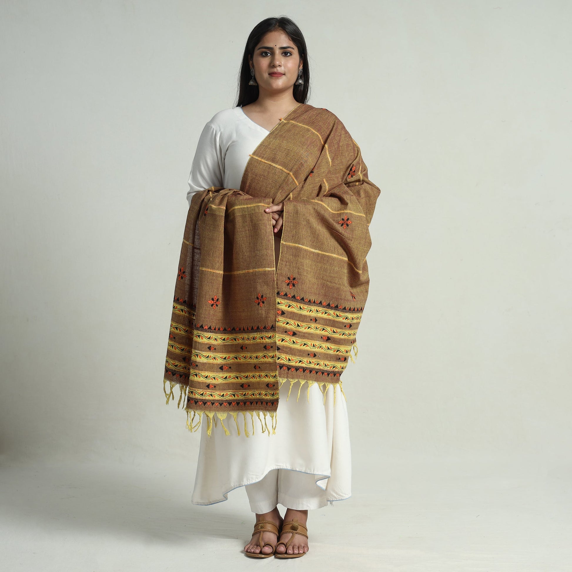 Brown - Bengal Kantha Embroidery Khes Handwoven Cotton Dupatta with Tassels 139