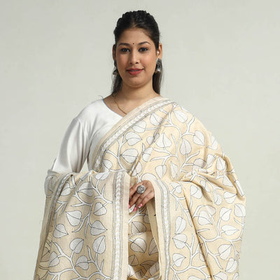Beige - Bengal Kantha Hand Embroidery Art Silk Handloom Dupatta 10