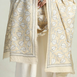 Beige - Bengal Kantha Hand Embroidery Art Silk Handloom Dupatta 10